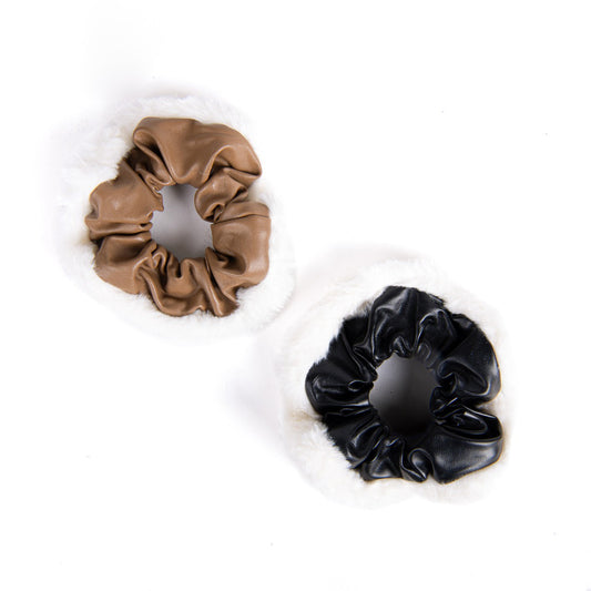 2pc Faux Leather and Fur Hair Scrunchies
