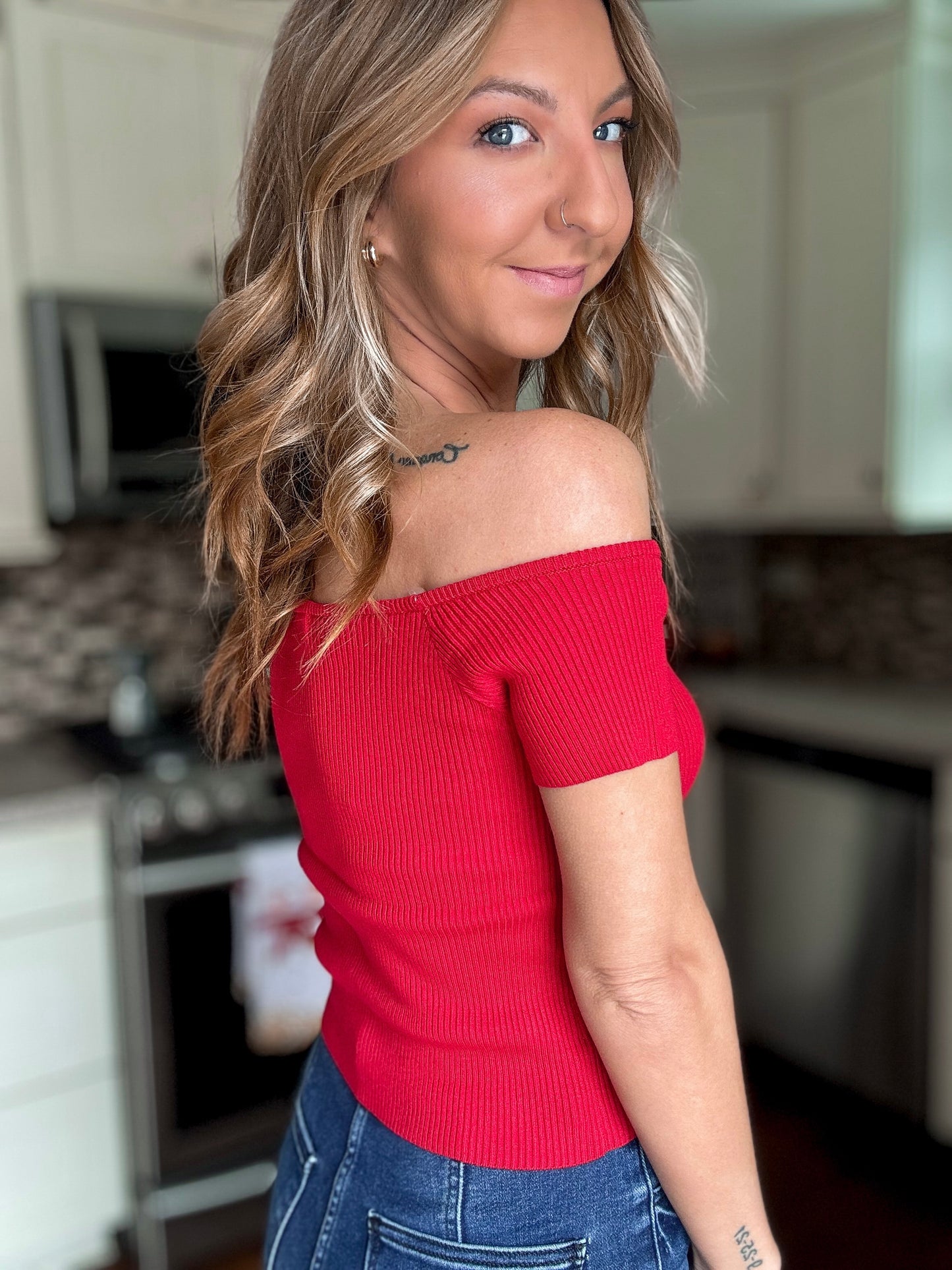 Soft Focus Off-Shoulder Knit