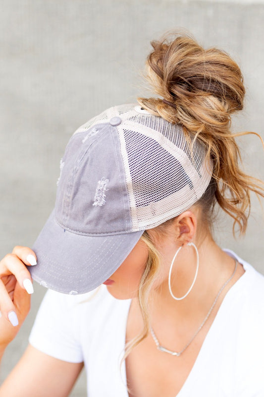 Distressed Messy Bun Hat