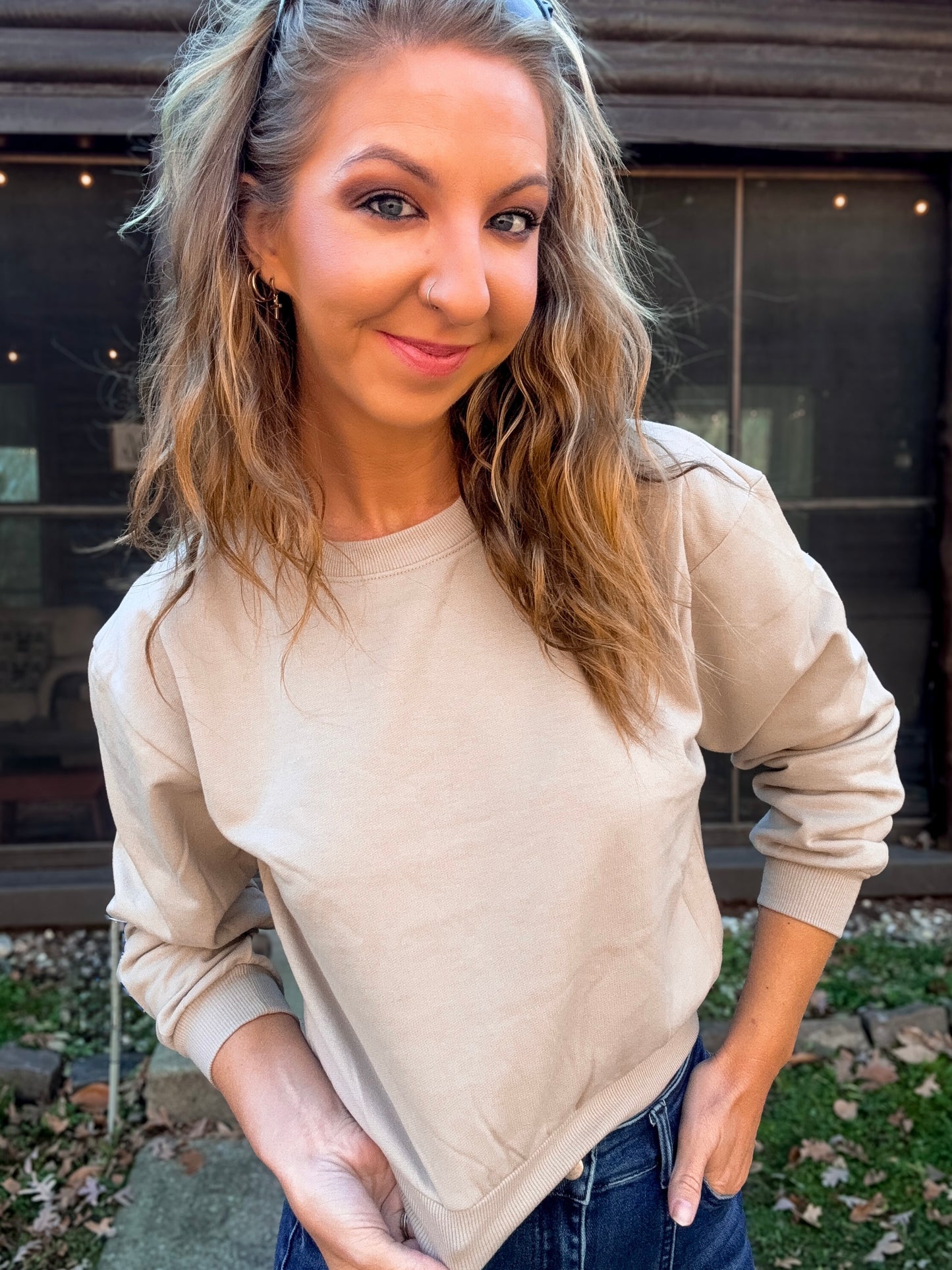 Taupe-Notch Crop Sweatshirt