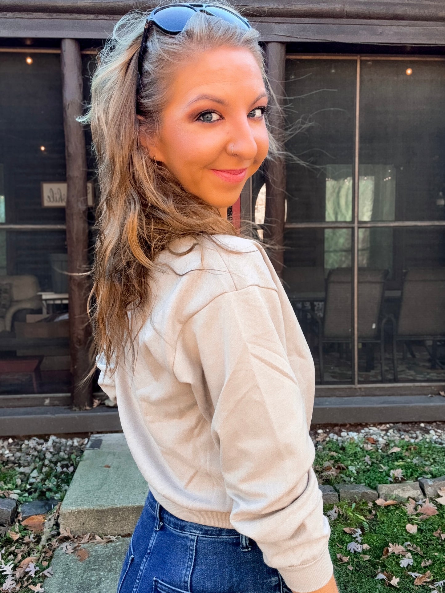 Taupe-Notch Crop Sweatshirt