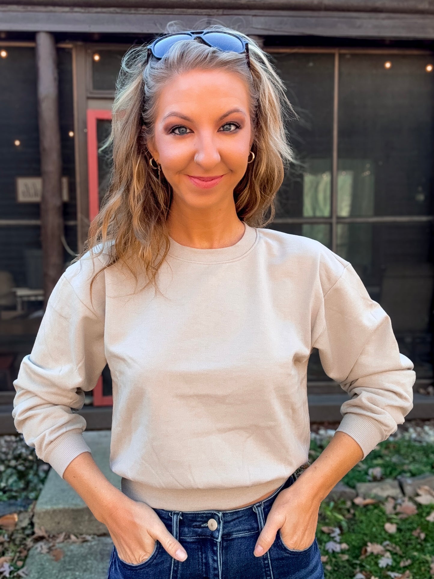 Taupe-Notch Crop Sweatshirt