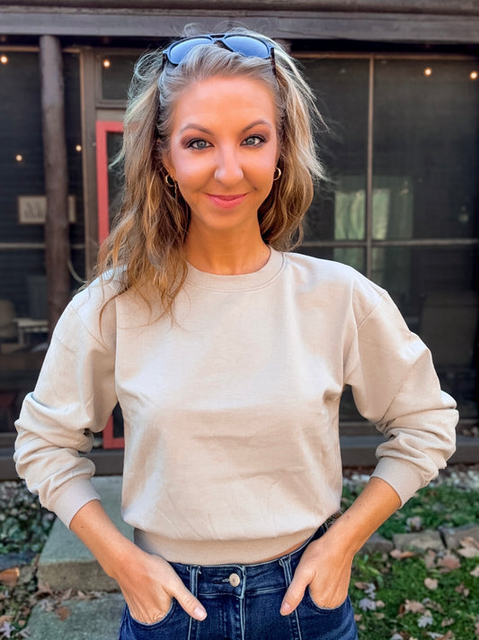 Taupe-Notch Crop Sweatshirt