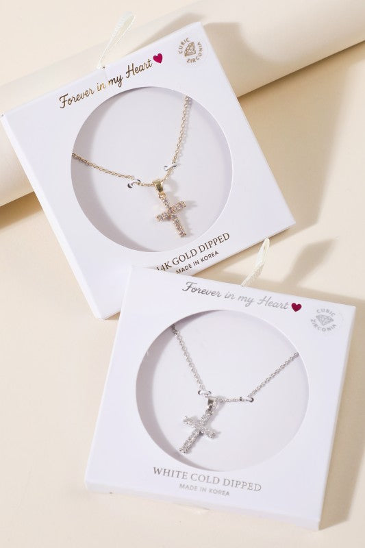 Gold-Dipped Gemstone Cross Pendant Necklace