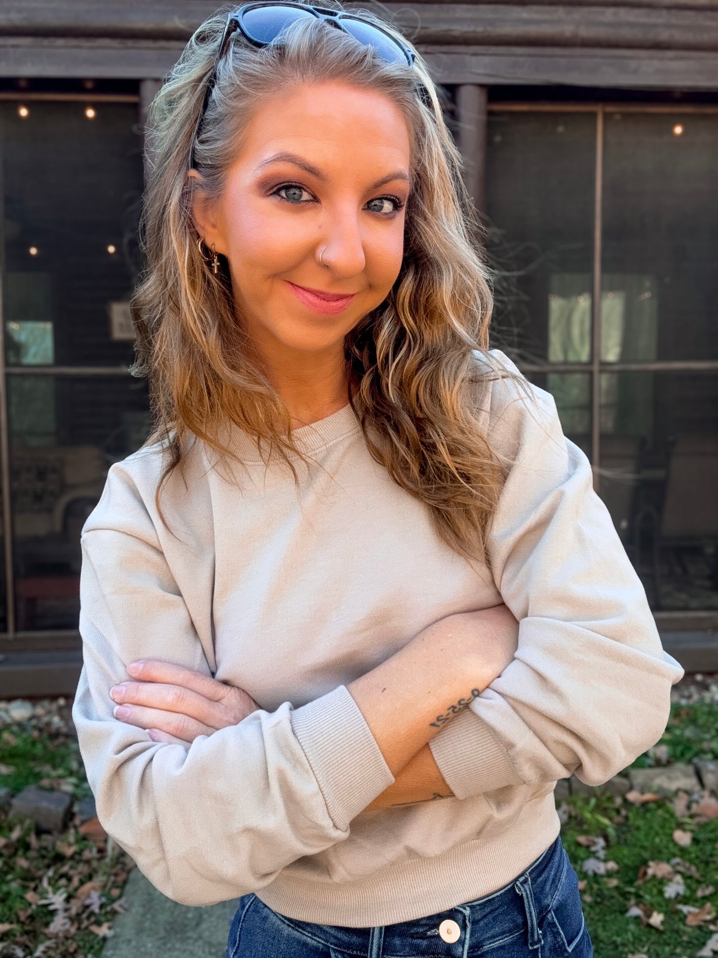 Taupe-Notch Crop Sweatshirt