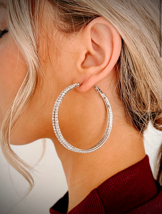 Silver Double Hoop Rhinestone Earrings