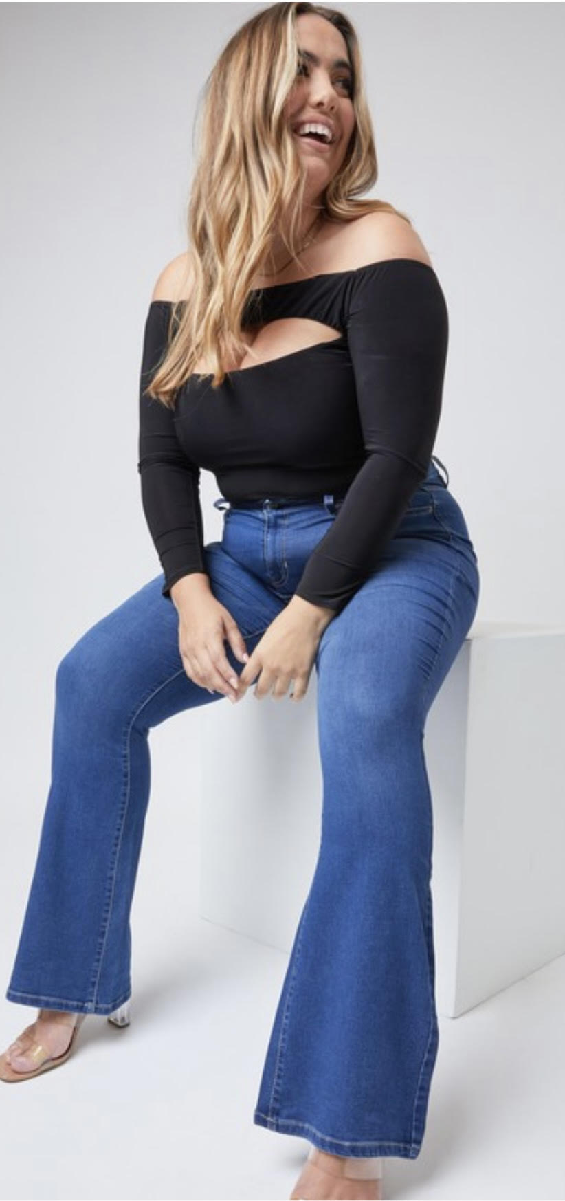 Plus size denim that is a super soft, stretchy, flare jean ready to move when you are. 5 pocket construction, single close button and the perfect fit to your body