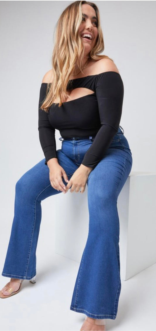 Plus size denim that is a super soft, stretchy, flare jean ready to move when you are. 5 pocket construction, single close button and the perfect fit to your body