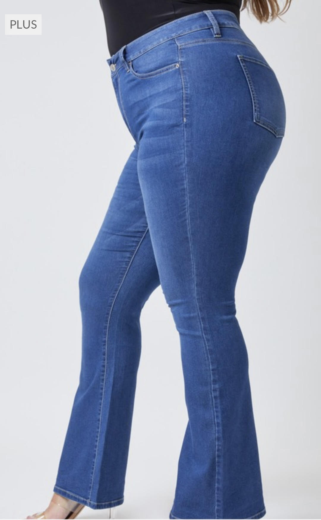 Plus size denim that is a super soft, stretchy, flare jean ready to move when you are. 5 pocket construction, single close button and the perfect fit to your body