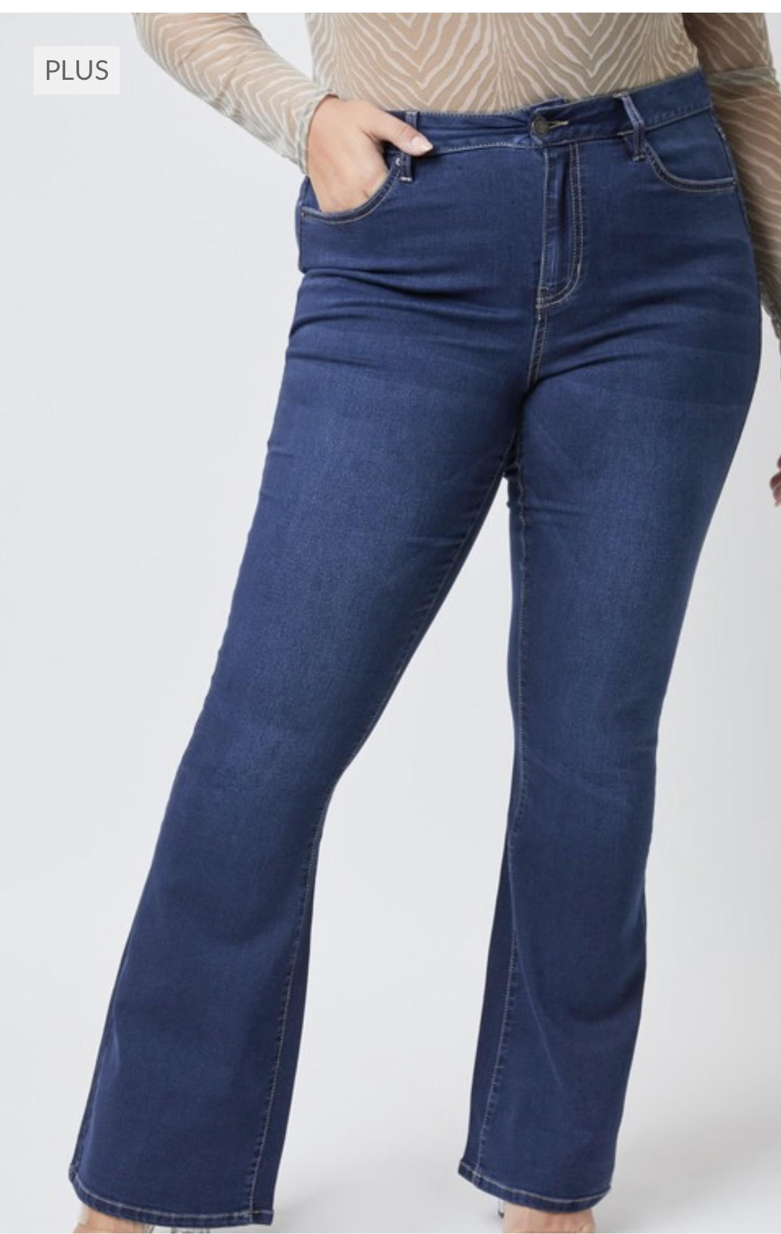 Plus size denim that is a super soft, stretchy, flare jean ready to move when you are. 5 pocket construction, single close button and the perfect fit to your body