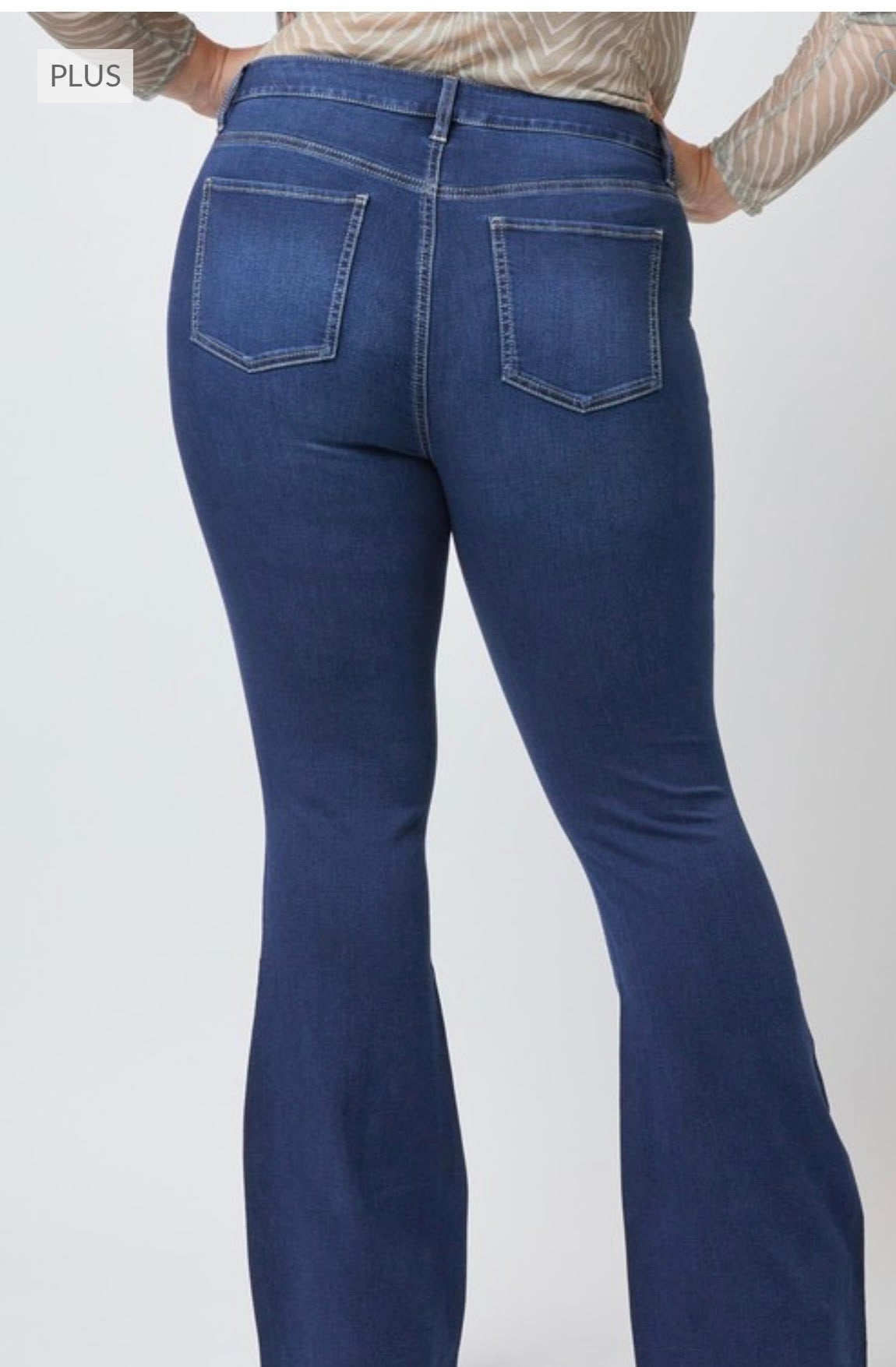 Plus size denim that is a super soft, stretchy, flare jean ready to move when you are. 5 pocket construction, single close button and the perfect fit to your body